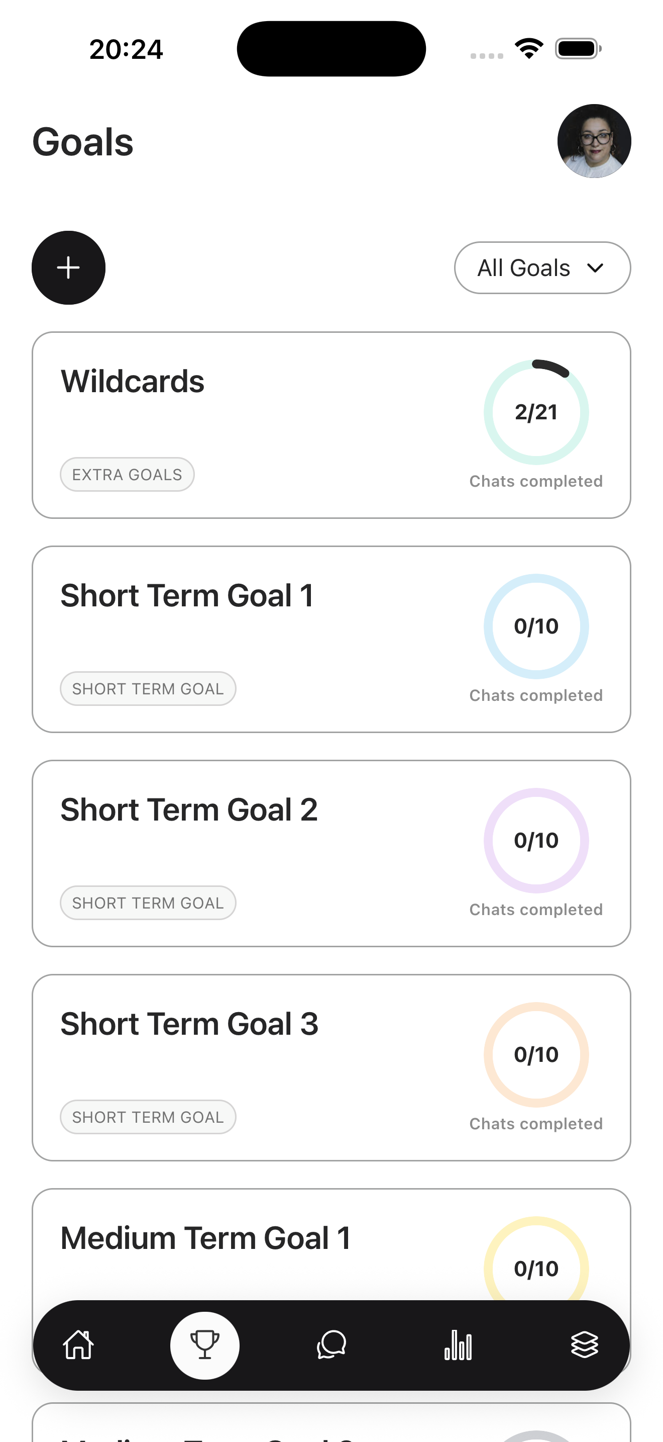 Goals Screen - Connections Challenge app showing goal cards with progress indicators