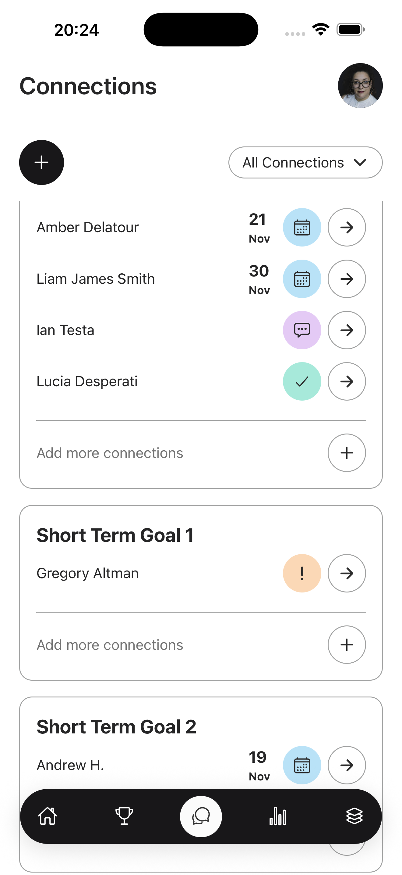 Connections Screen - Connections Challenge app showing all connections organized by goal